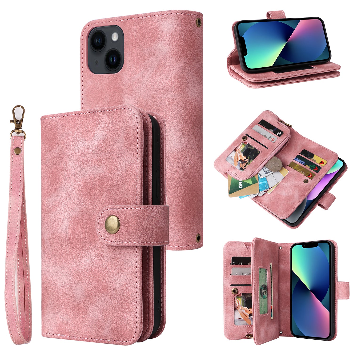 Multifunkční pouzdro na telefon iPhone 13 PU kožený stojánek na zip kapsa na peněženku Kryt na telefon s popruhy Multifunkční pouzdro na telefon iPhone 13 PU kožený stojánek na zip kapsa na peněženku Kryt na telefon s popruhy